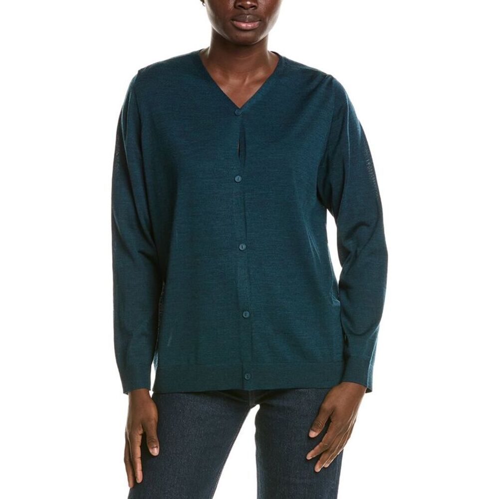 Eileen Fisher Womens V-Neck Wool Cardigan, Blue